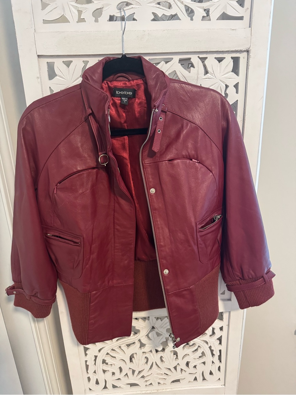 Bebe Burgundy Leather Bomber Jacket